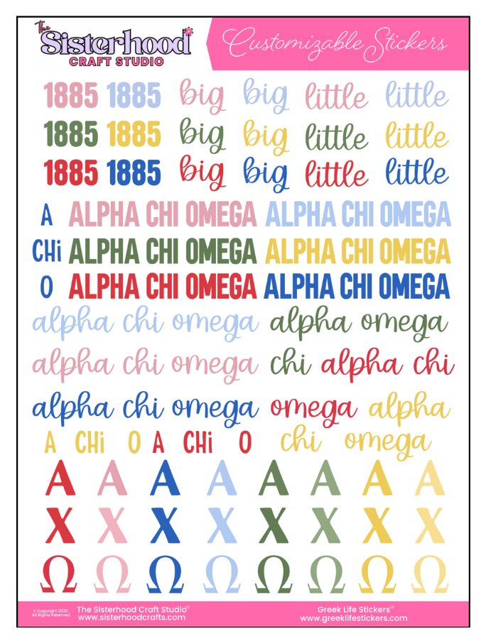 Sheet of customizable stickers with text and symbols from Alpha Chi Omega, branded by The Sisterhood Craft Studio.