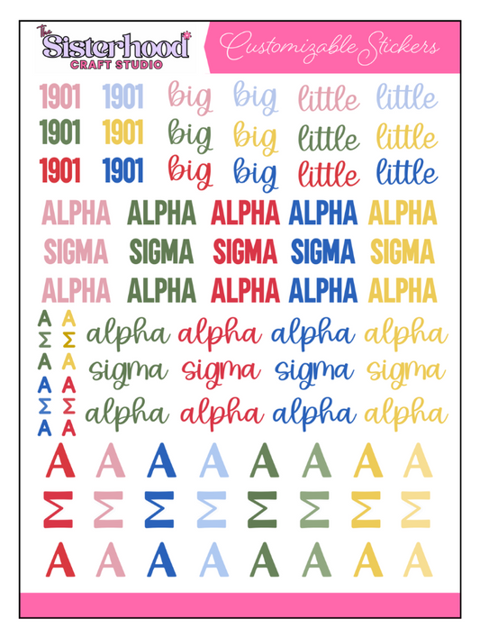 Alpha Sigma Alpha Greek sticker sheet with 81 stickers. '1901', 'Big', and 'Little' in bold and cursive fonts in pink, red, dark green, light blue, dark blue, and golden yellow. 'alpha sigma alpha' in cursive in 4 colors. 'ALPHA SIGMA ALPHA' in bold all-caps 5 colors and lowercase cursive in 4 colors. Greek letters Alpha Sigma Alpha in a large traditional college font in 8 colors and  small handwritten font in 4 colors