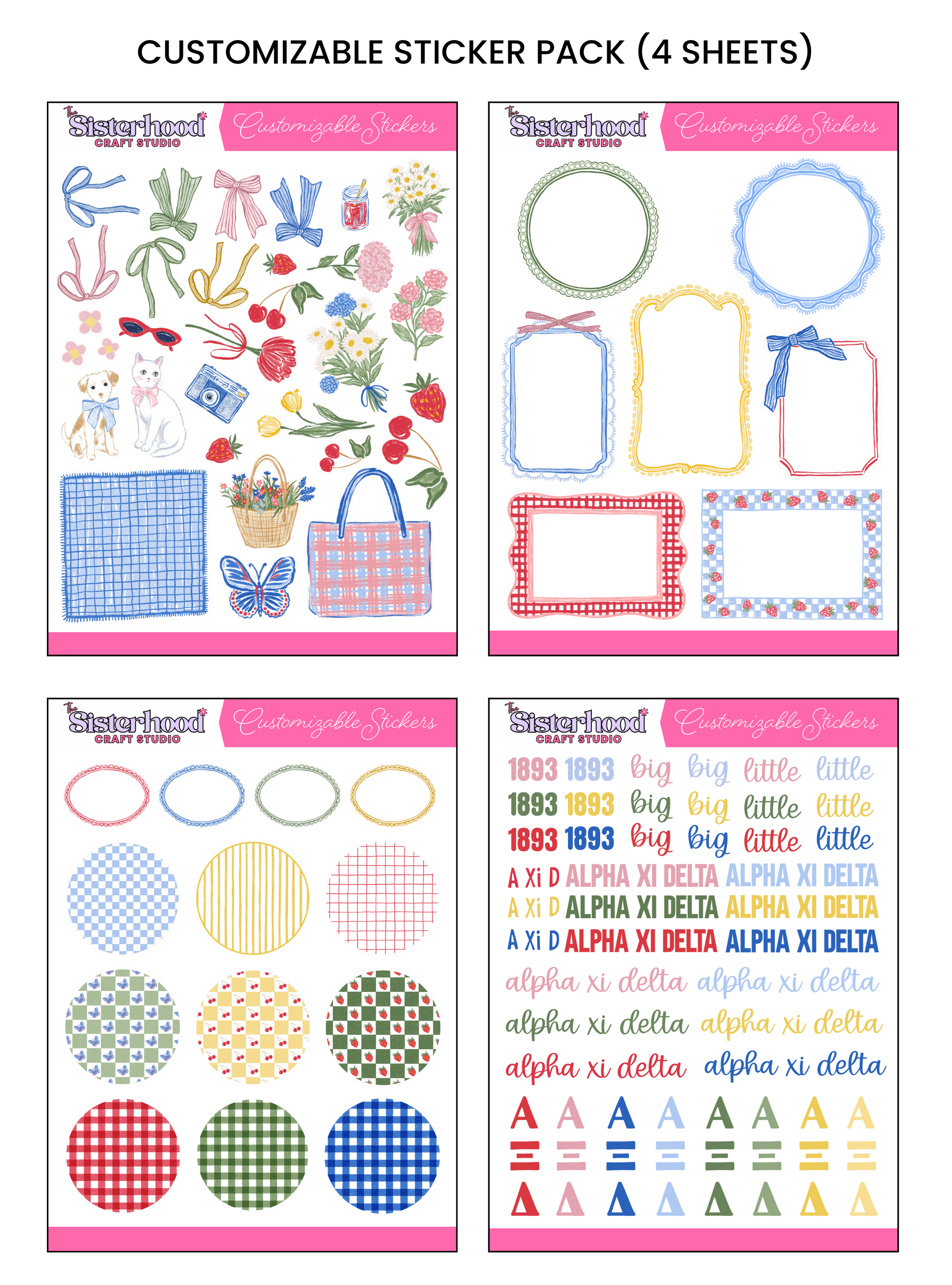 Four sheets of customizable stickers with various designs including patterns, text, and symbols.