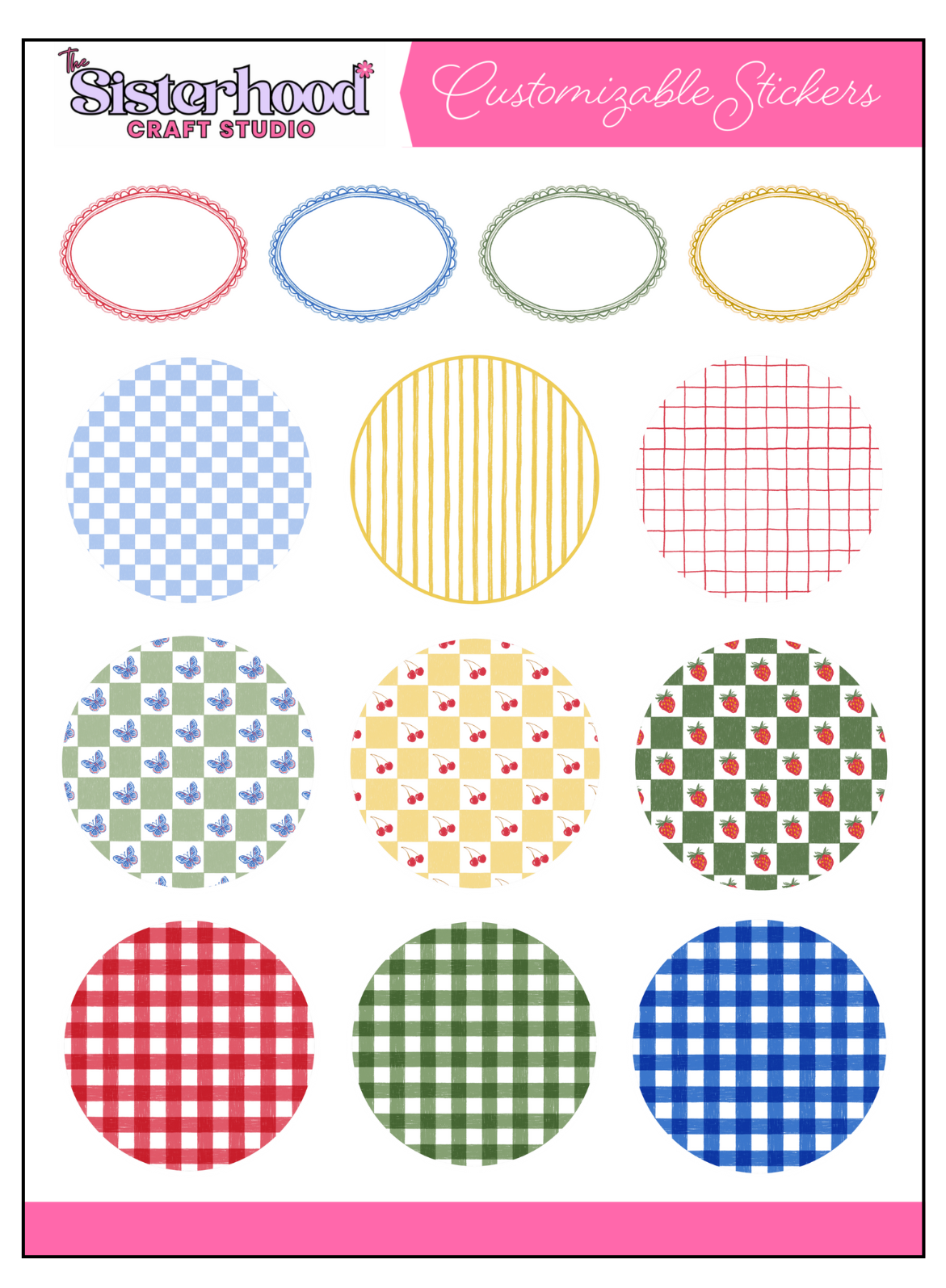 Picnic-themed backgrounds sticker sheet with 13 stickers: 4 oval outlines in red, blue, green, and gold; 3 solid pattern circles in blue checkerboard, yellow stripes, and red grid; 3 checkered circles with butterflies on sage green, cherries on yellow, and strawberries on dark green; and 3 gingham circles in red, green, and blue.