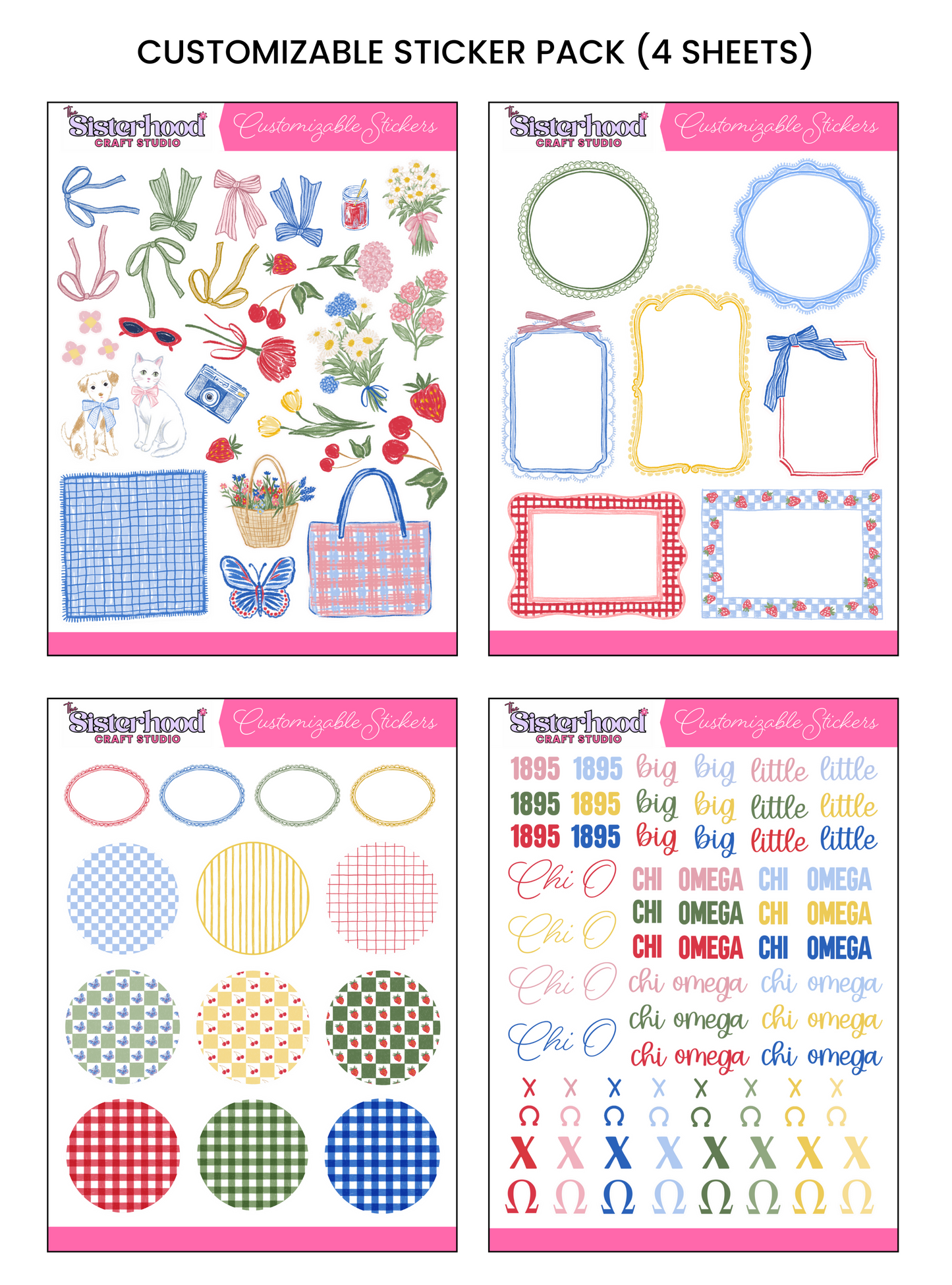 Chi Omega Sisterhood Picnic Customizable Sticker Pack showing all 4 sheets: picnic-themed elements including bows, florals, and animals; decorative frames in gingham and strawberry patterns; patterned circle and oval backgrounds; and a Chi Omega Greek sheet with letters, nicknames, and symbols in red, pink, navy, light blue, green, and gold.