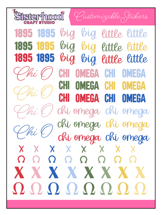 Chi Omega Greek sticker sheet with 78 stickers. '1895', 'Big', and 'Little' in bold and cursive fonts in pink, red, dark green, light blue, dark blue, and golden yellow. 'Chi O' in cursive in 4 colors. 'Chi Omega' in bold all-caps and lowercase cursive in 6 colors. Greek letters Chi and Omega in handwritten and traditional college fonts, in 2 sizes and 8 colors.