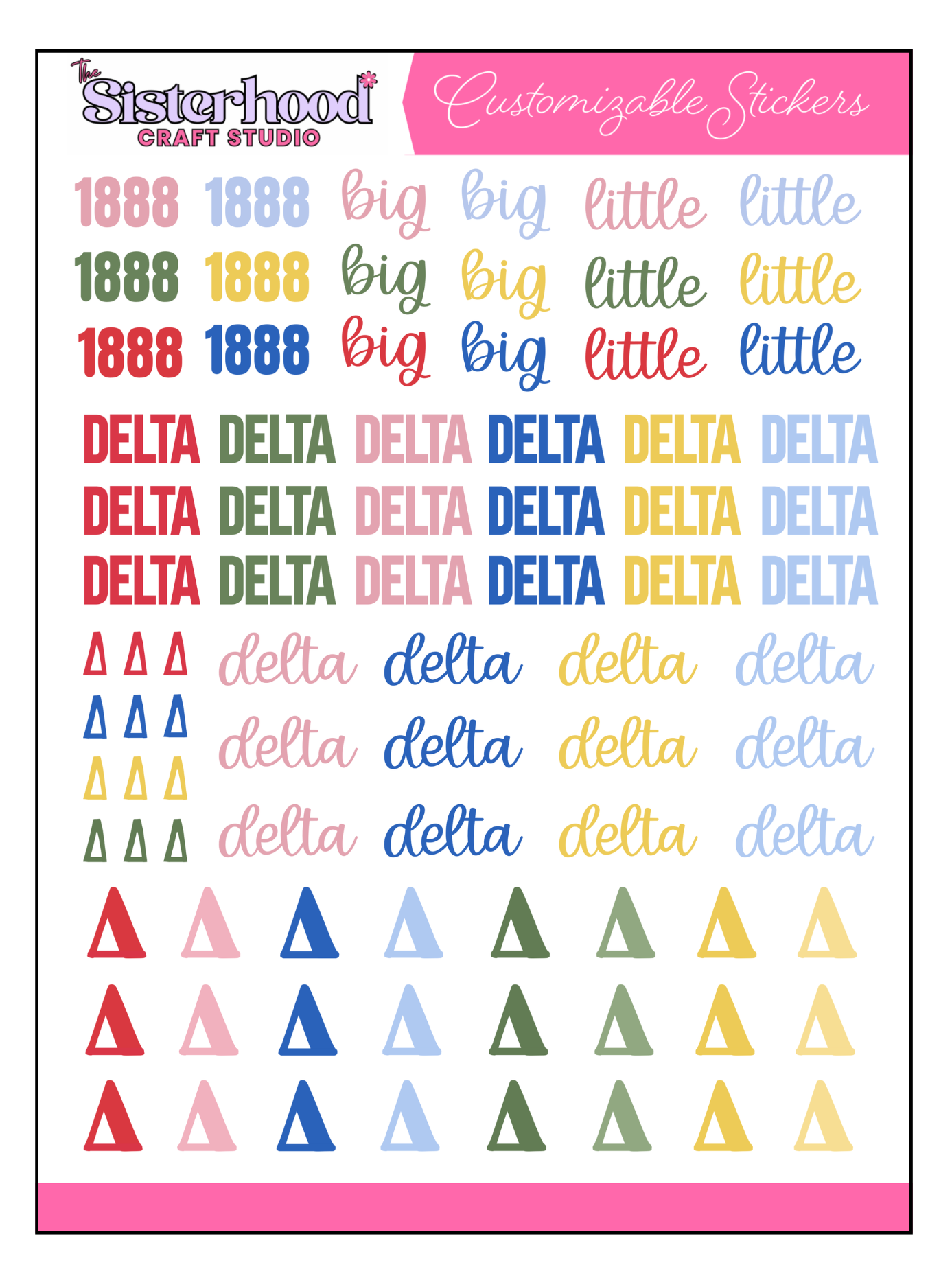 Sheet of customizable stickers with text and triangle shapes from 'Sisterhood Craft Studio'.