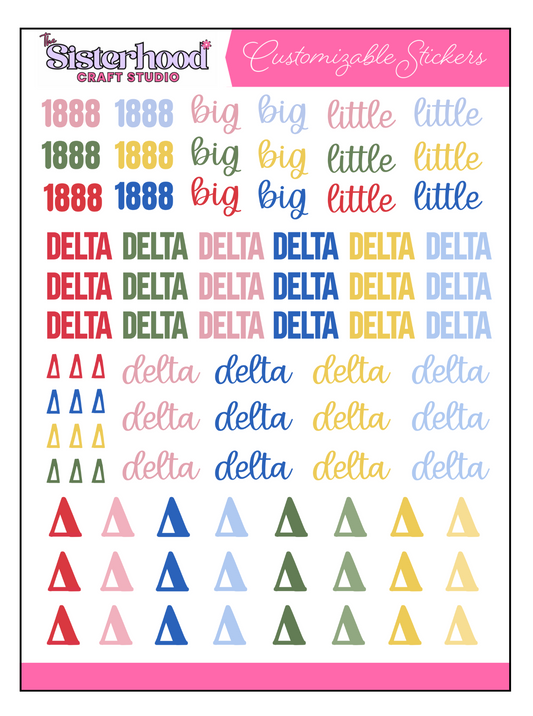 Sheet of customizable stickers with text and triangle shapes from 'Sisterhood Craft Studio'.