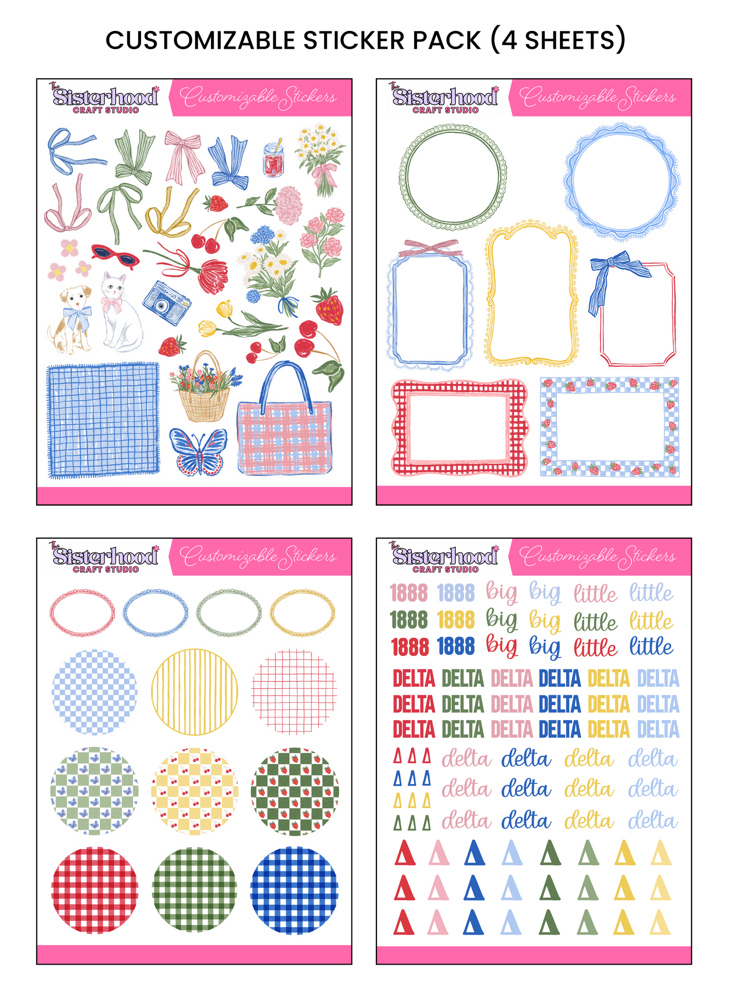 Four sheets of customizable stickers with various designs on a white background.