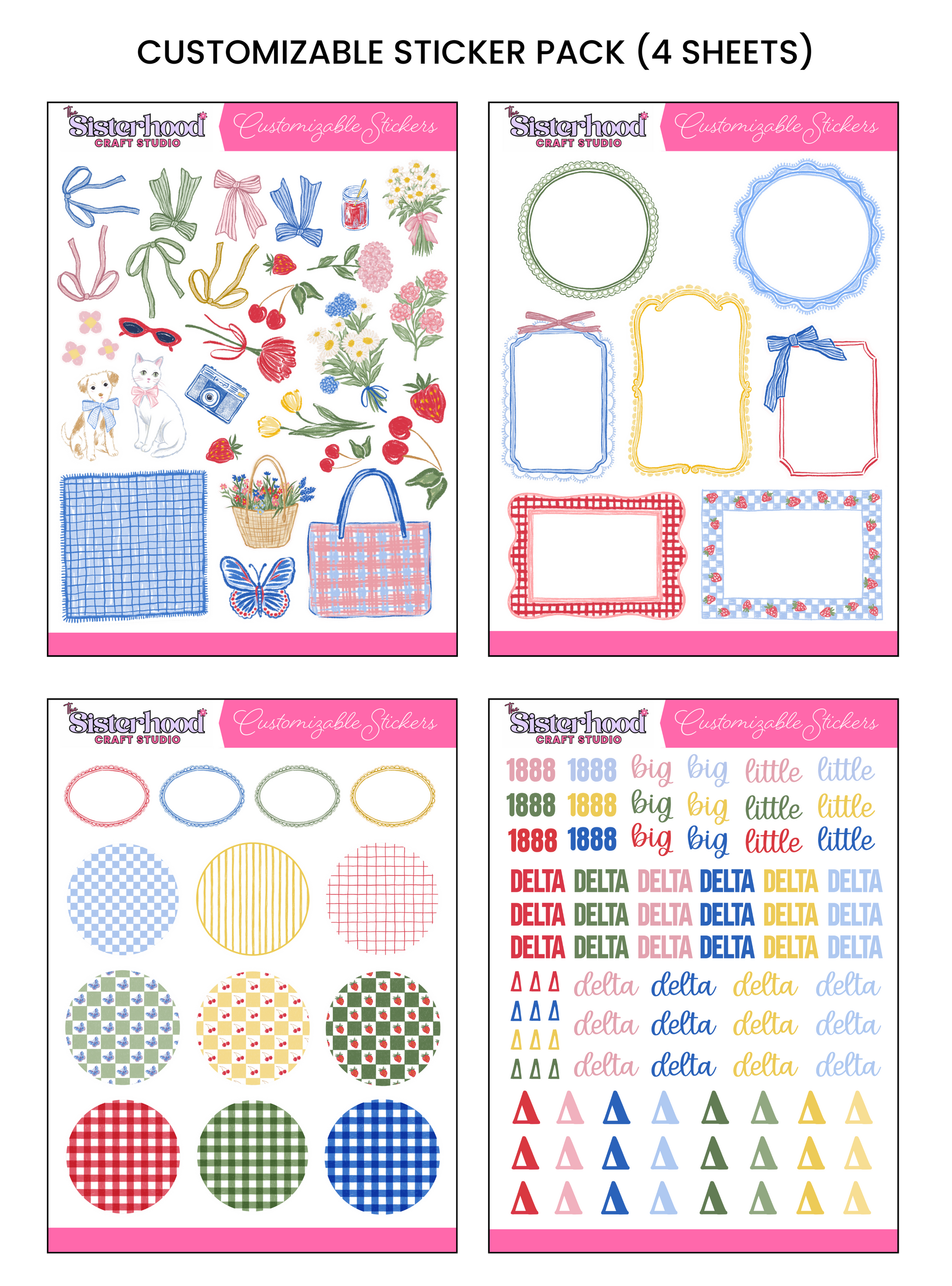 Four sheets of customizable stickers with various designs on a white background.