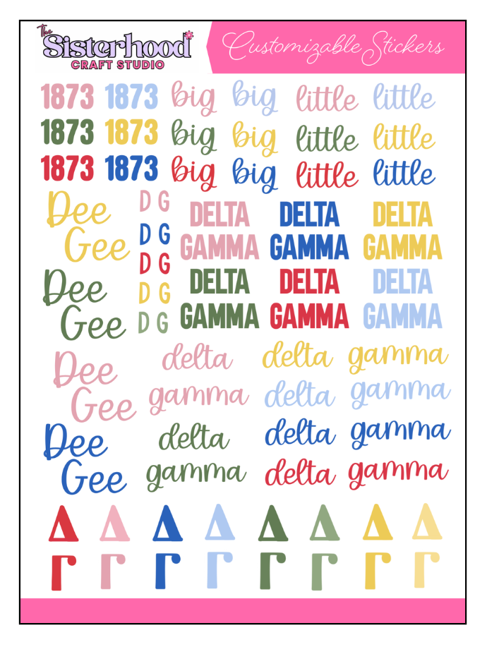 Delta Gamma Greek sticker sheet with 80 stickers. '1873', 'Big', and 'Little' in bold and cursive fonts in pink, red, dark green, light blue, dark blue, and golden yellow. 'Dee Gee' in cursive in 4 colors. 'Delta Gamma' in bold all-caps and lowercase cursive in 6 colors. Greek letters Delta and Gamma in a large traditional college font in 8 colors and 2 sizes, and a small handwritten font in pink, red, dark blue, dark green, and light green.