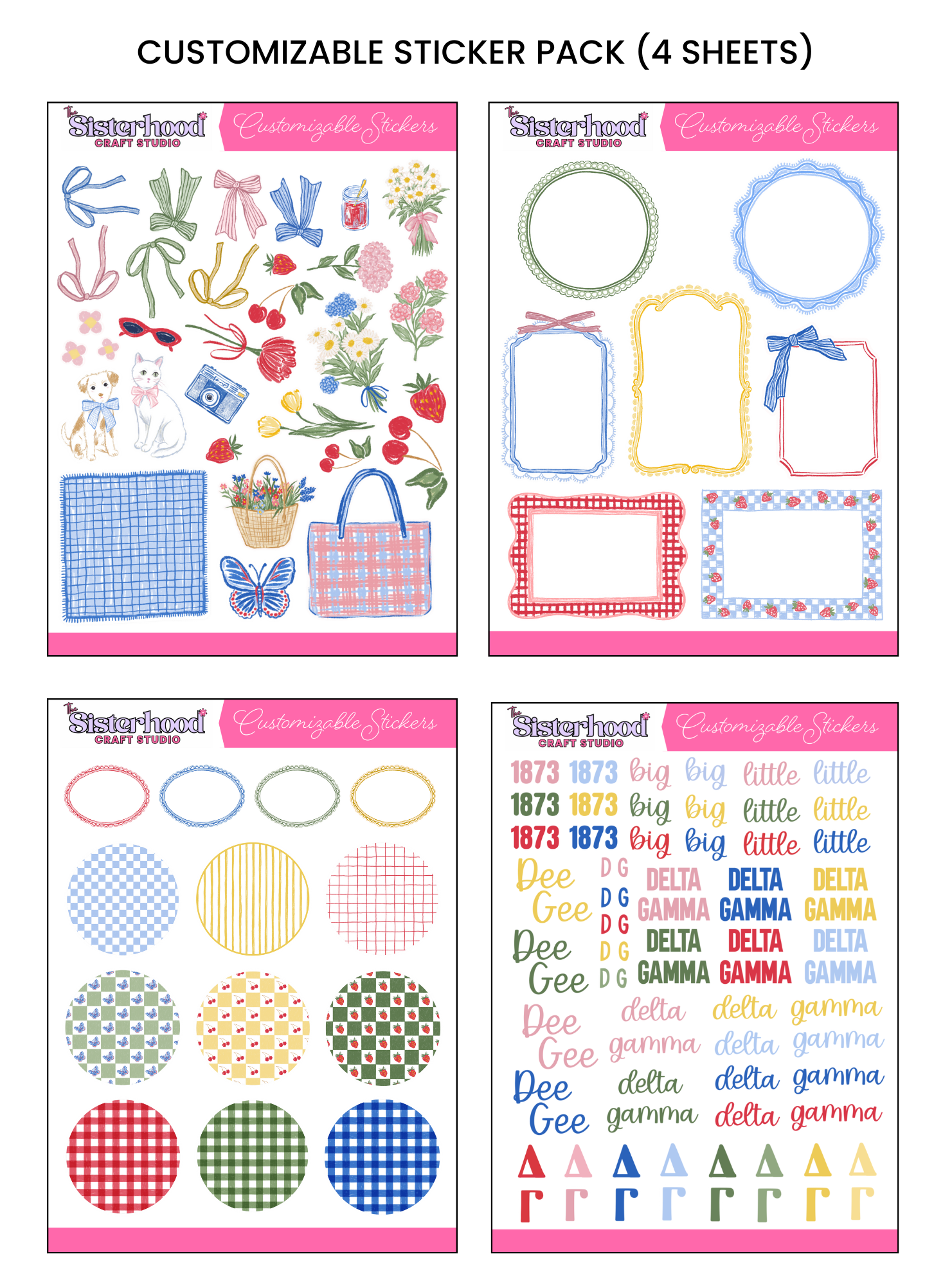 Delta Gamma Sisterhood Picnic Customizable Sticker Pack showing all 4 sheets: picnic-themed elements including bows, florals, and animals; decorative frames in gingham and strawberry patterns; patterned circle and oval backgrounds; and a Delta Gamma Greek sheet with letters, nicknames, and symbols in red, pink, navy, light blue, green, and gold.