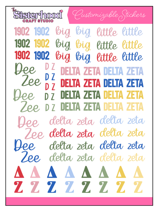 Delta Zeta Greek sticker sheet. '1902', 'Big', and 'Little' in bold and cursive fonts in 6 colors. 'Delta Zeta' in bold all-caps in 8 colors. 'delta zeta' in lowercase cursive in 8 colors. Stacked 'DZ' abbreviation in handwritten font in 5 colors. Greek letters Delta and Zeta in large traditional font 8 colors