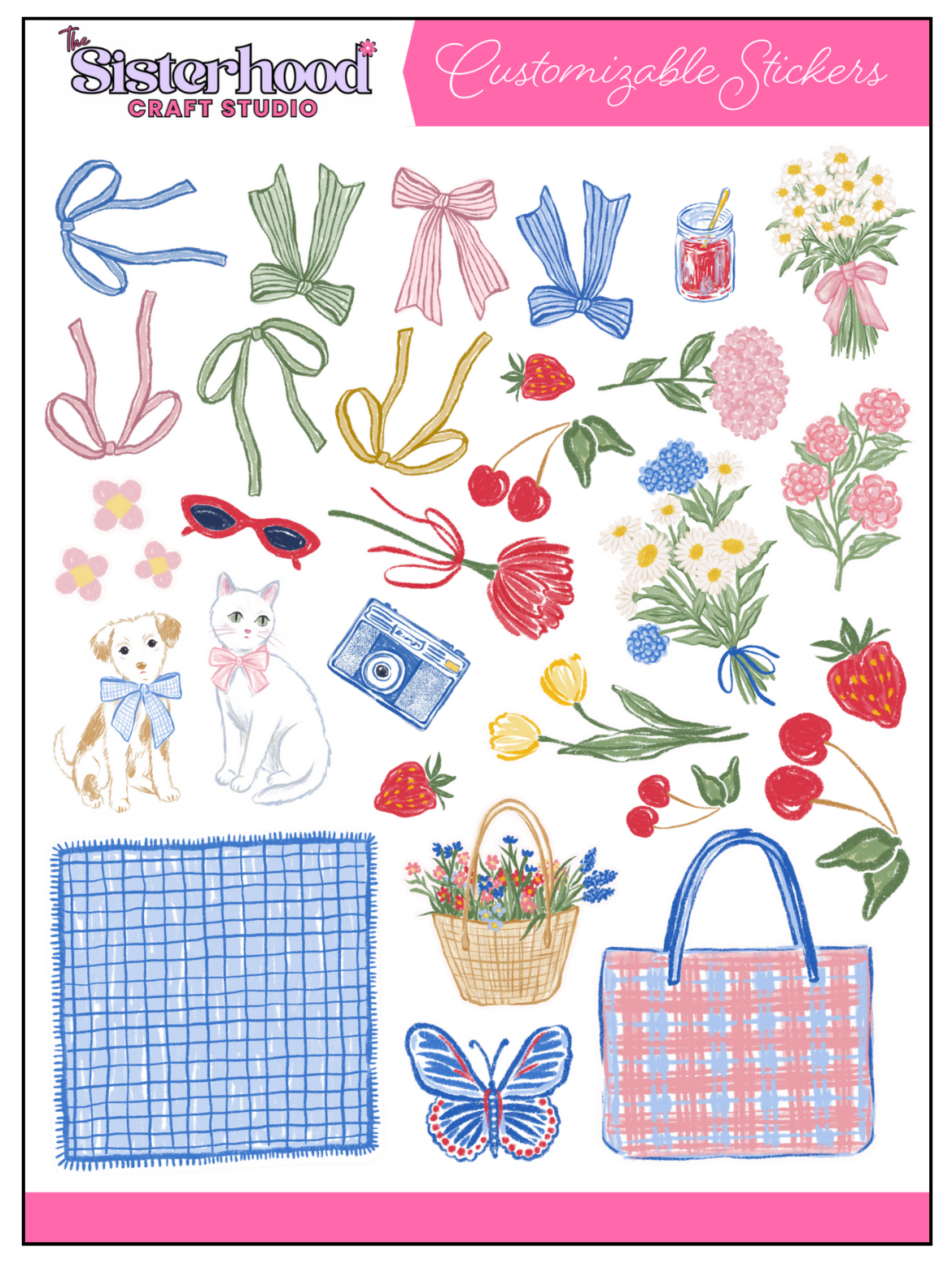Picnic-themed elements sticker sheet with 31 stickers including colorful bows in blue, green, pink, and gold; flower bouquets; cherries; strawberries; a dog and cat with bows; red sunglasses; a vintage camera; tulips; daisies; a jam jar; a blue gingham picnic blanket; a wicker flower basket; a gingham tote bag; and a blue butterfly.