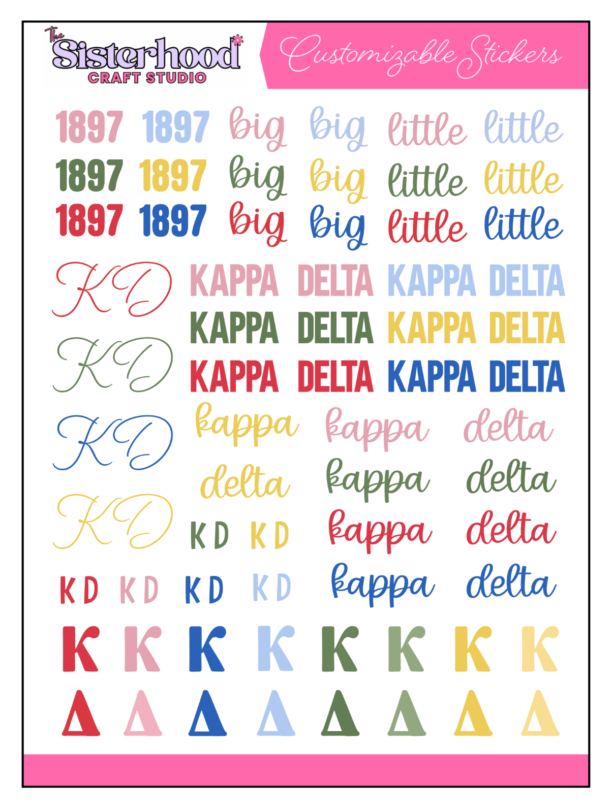 Sheet of customizable stickers with text and symbols, including 'Kappa Delta' and numbers, on a white background.