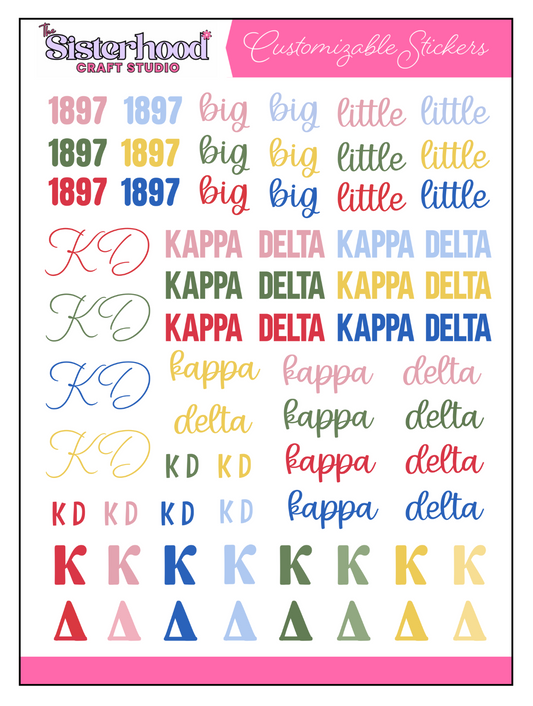 Sheet of customizable stickers with text and symbols, including 'Kappa Delta' and numbers, on a white background.