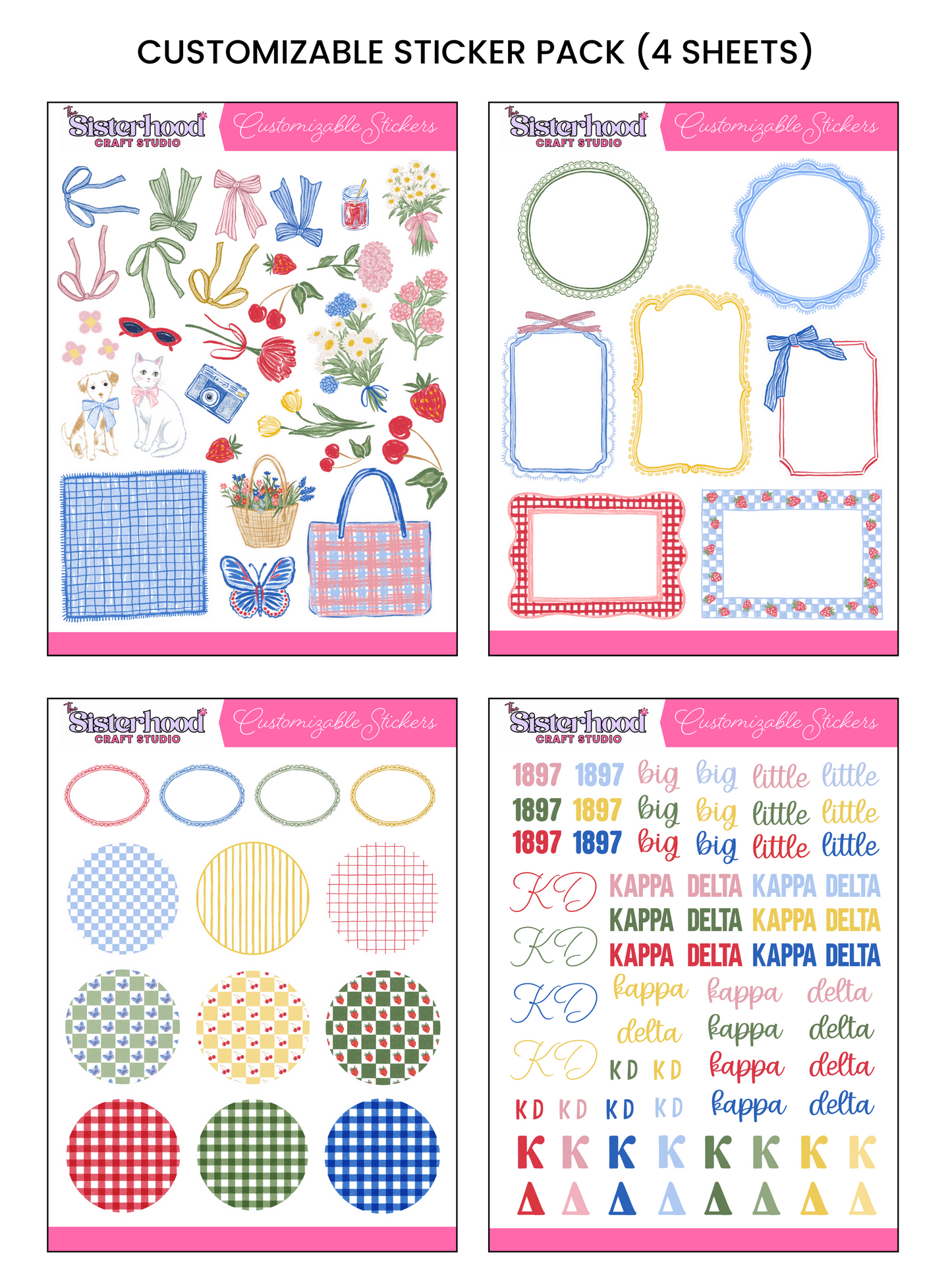 Four sheets of customizable stickers with various designs on a white background.