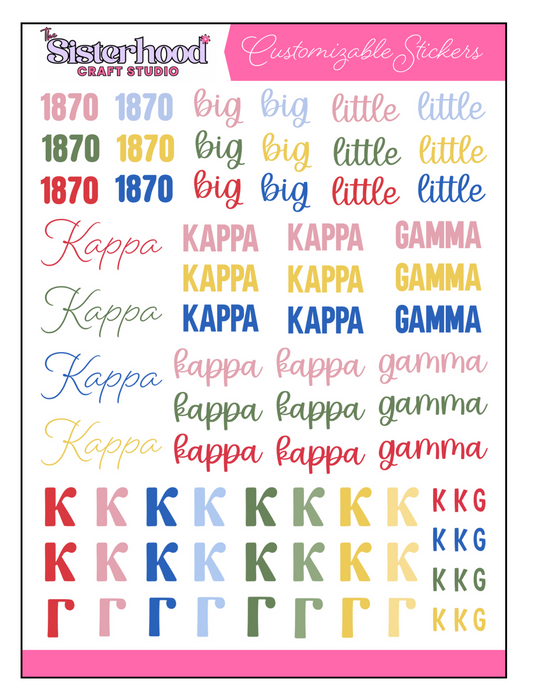Sheet of customizable stickers with text and symbols, including 'Kappa Kappa Gamma' and numbers.