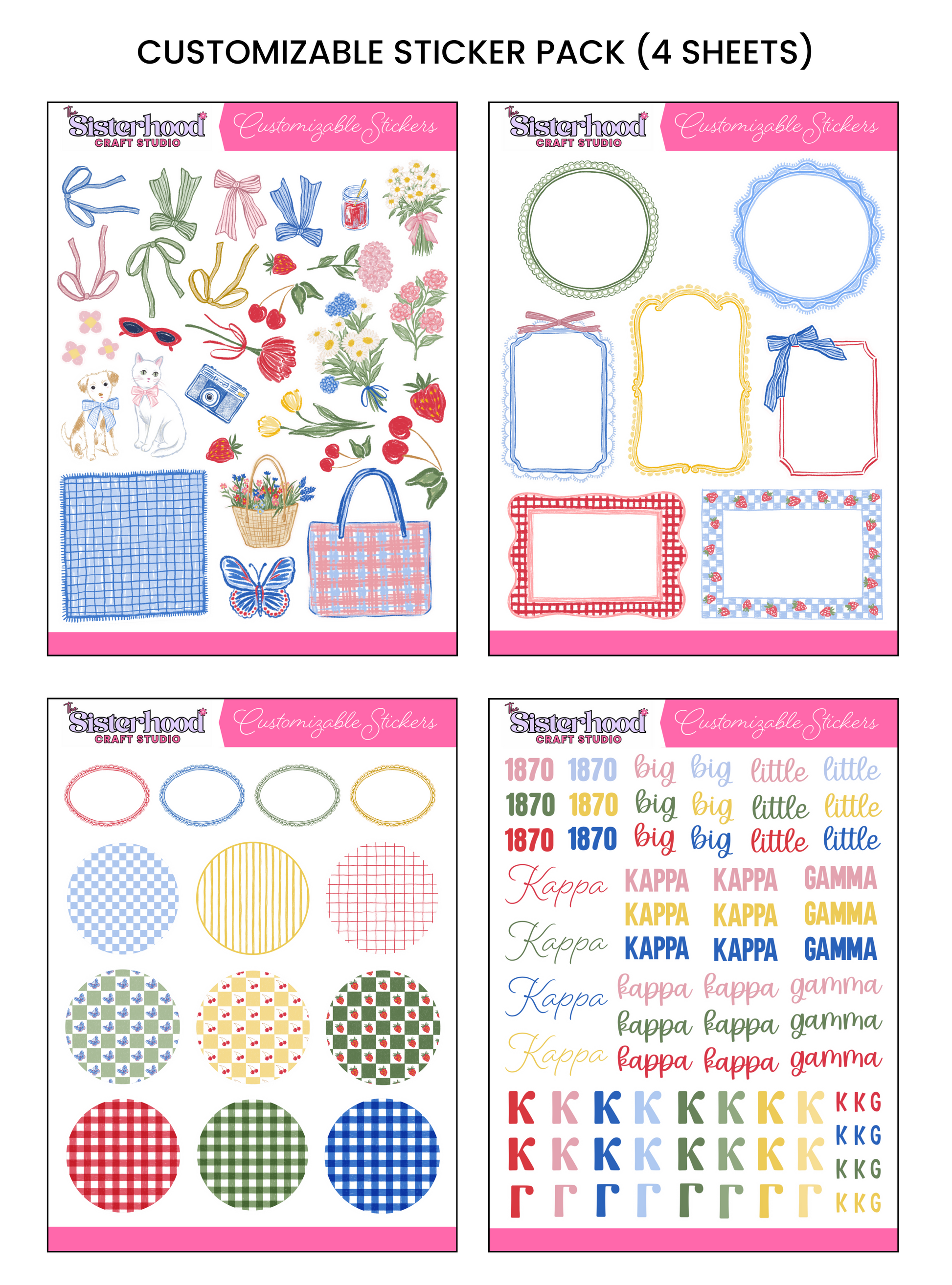 Four sheets of customizable stickers with various designs on a white background.