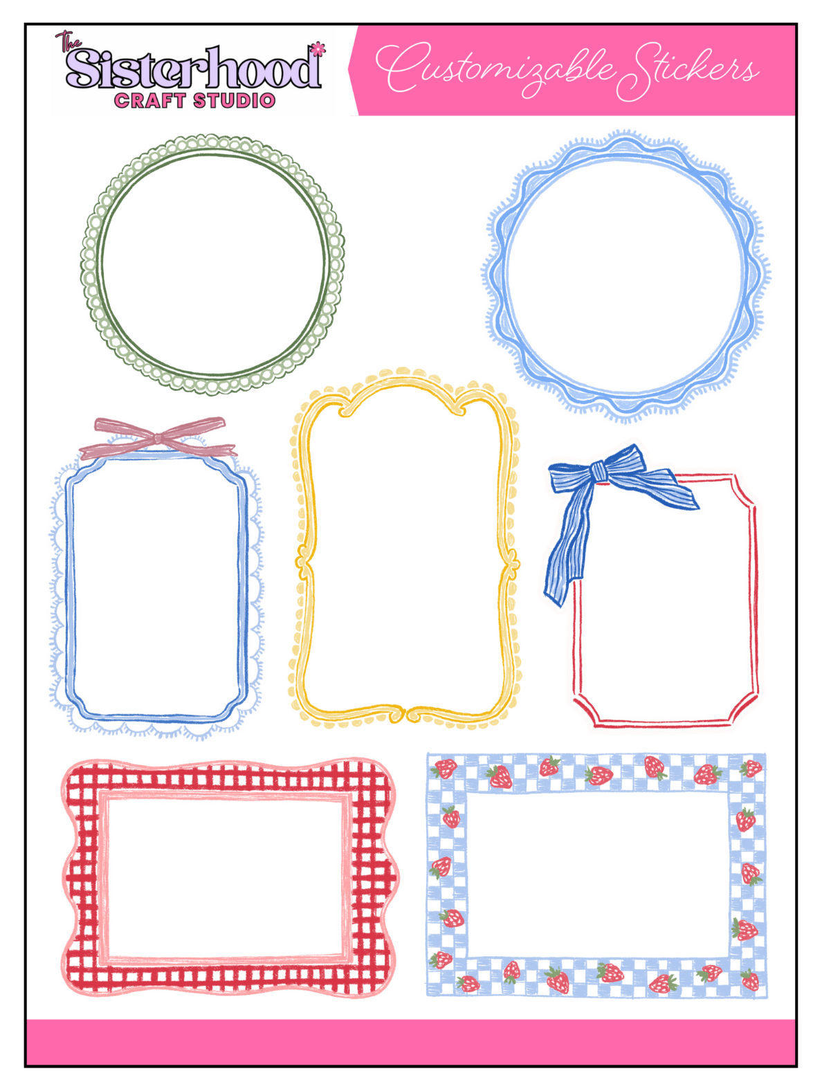 Picnic-themed frames sticker sheet with 7 blank frames: a green pearl-beaded circle, a blue scalloped circle, a blue lace rectangle with pink bow, a gold ornate rectangle, a red rectangle with blue bow, a red gingham rectangle, and a blue gingham rectangle with strawberry border.
