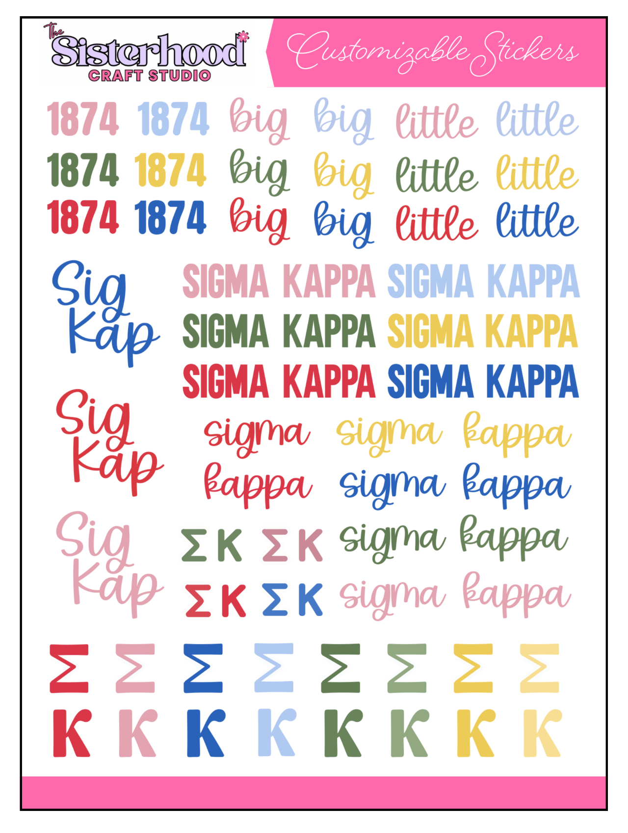 Collection of customizable stickers with text and symbols, including 'Sigma Kappa' and various designs, on a white background.