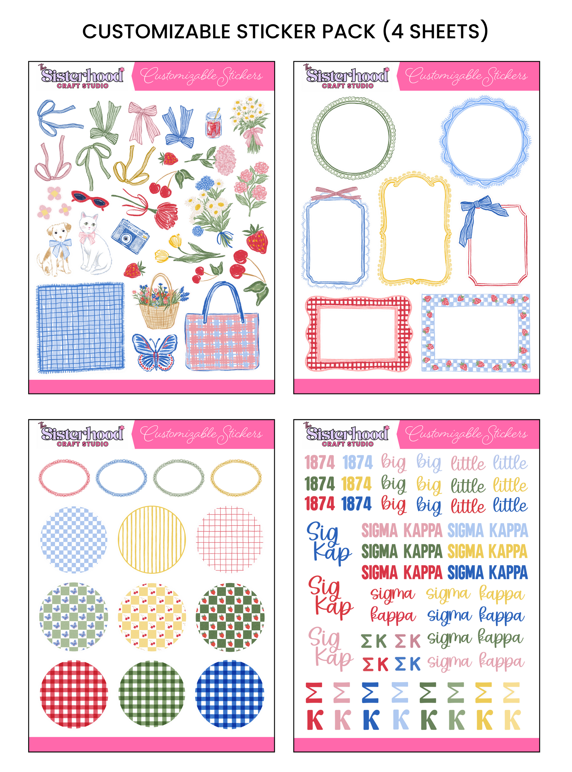 Four sheets of customizable stickers with various designs including patterns, text, and symbols.