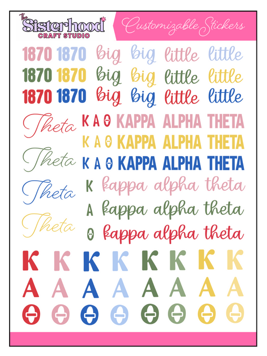 Kappa Alpha Theta Greek sticker sheet with 80 stickers. '1870', 'Big', and 'Little' in bold and cursive fonts in 6 colors. 'Kappa Alpha Theta' in bold all-caps in pink, gold, and dark blue. 'kappa alpha theta' in lowercase cursive in pink, green, and red. 'Theta' nickname in cursive in red, green, blue, and gold. K A Θ abbreviation in red, gold, dark blue, and dark green. Greek letters Kappa, Alpha, and Theta each in 8 colors.