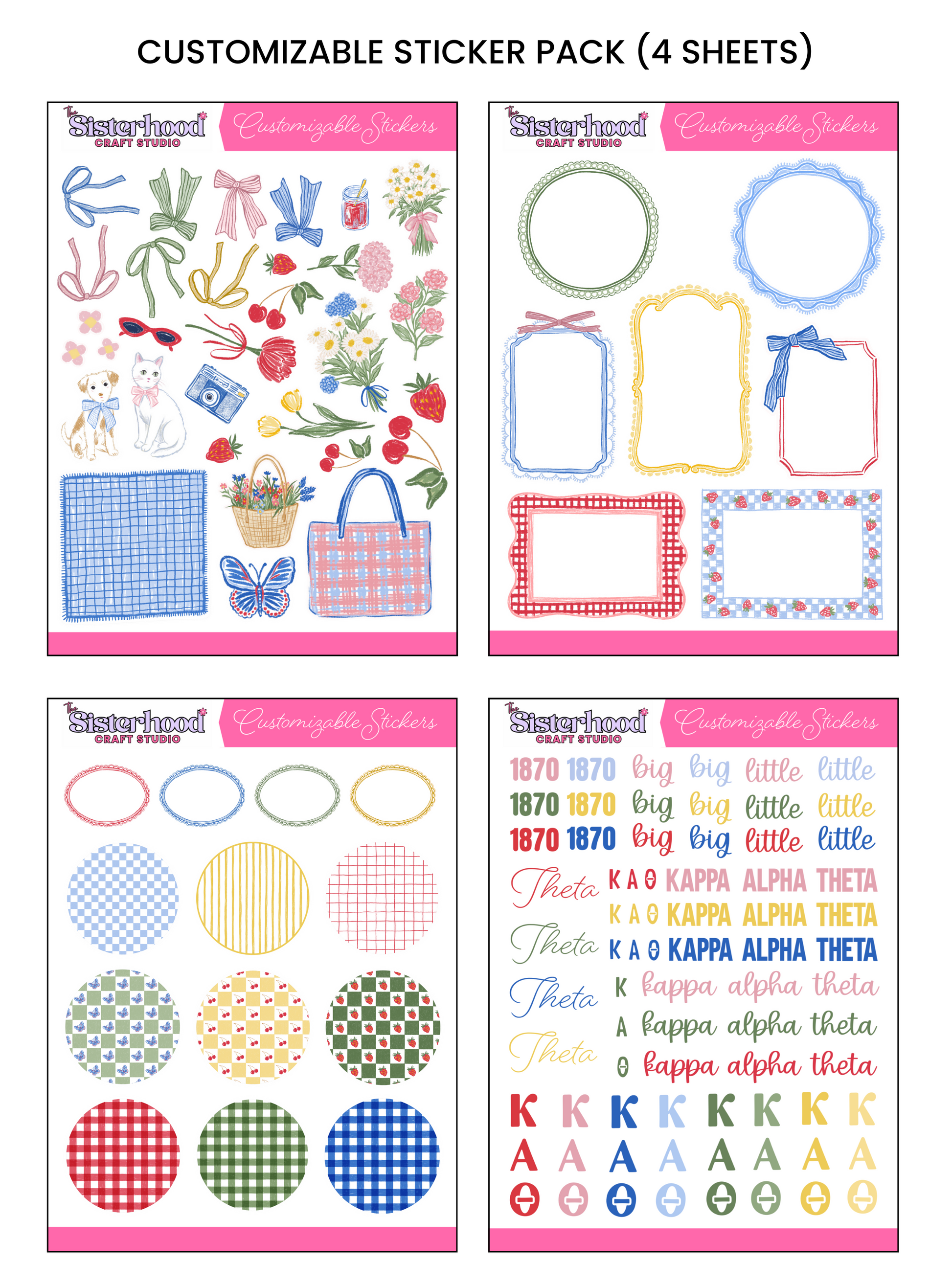 Kappa Alpha Theta Sisterhood Picnic Customizable Sticker Pack showing all 4 sheets: picnic-themed elements including bows, florals, and animals; decorative frames in gingham and strawberry patterns; patterned circle and oval backgrounds; and a Kappa Alpha Theta Greek sheet with letters, nicknames, and symbols in pink, red, green, gold, and dark blue.