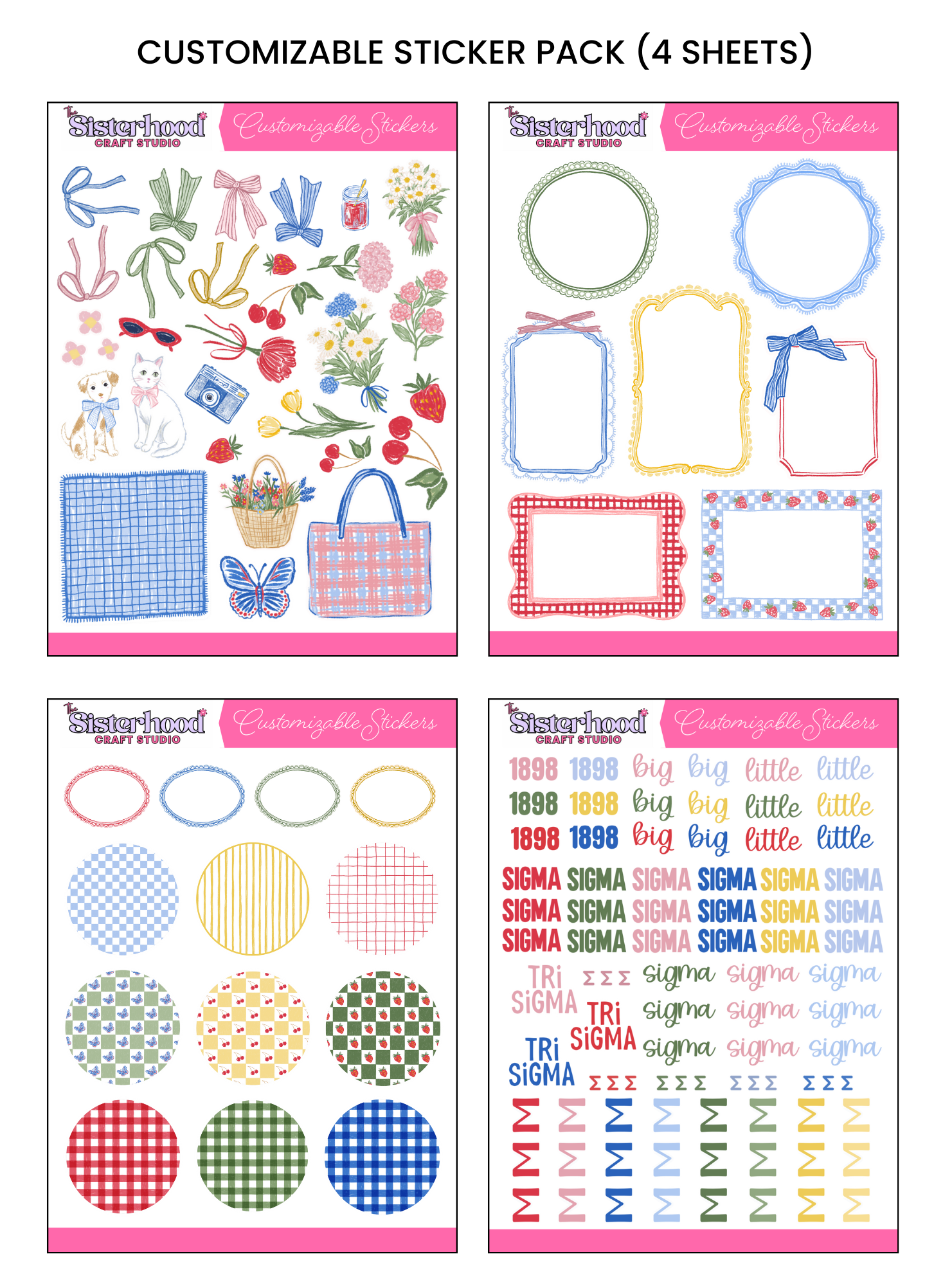 Four sheets of customizable stickers with various designs including patterns, text, and symbols.