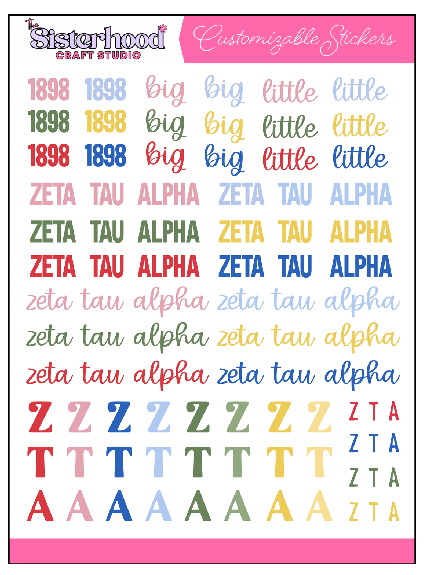 Collection of customizable stickers with text and symbols on a white background