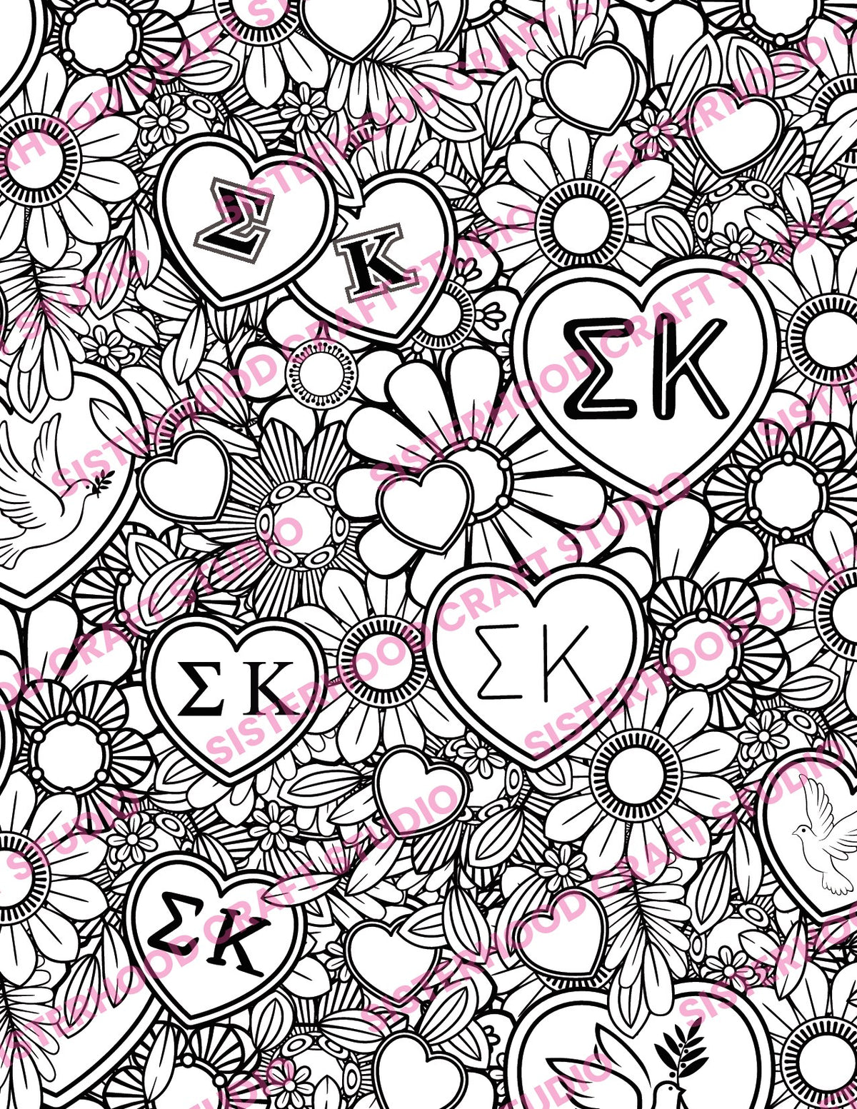 Sigma Kappa Dove Love coloring page with ΣΚ Greek letters in hearts surrounded by flowers and doves, printable sorority coloring sheet