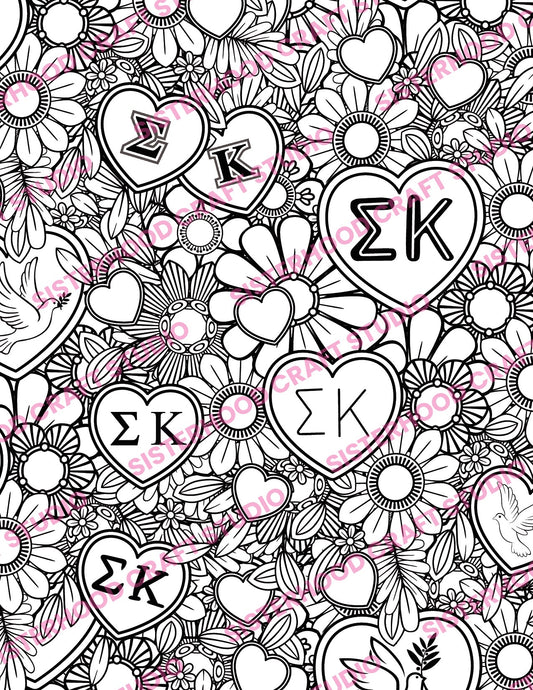 Sigma Kappa Dove Love coloring page with ΣΚ Greek letters in hearts surrounded by flowers and doves, printable sorority coloring sheet